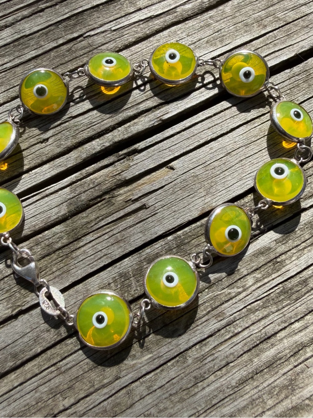 Green Evil Eye Bracelet 925 And Glass 7.5” Length Preowned